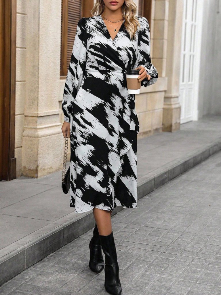 Women's Long Sleeve Wrap V-Neck Side Tie Patterned Mini Modal Dress