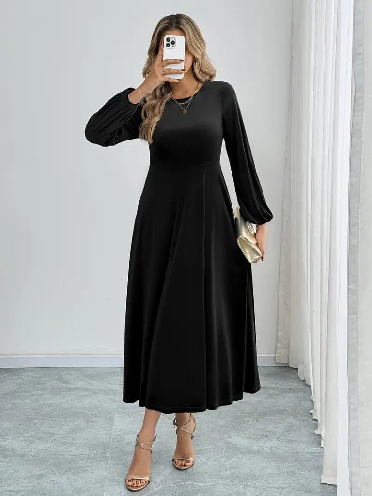 Women's Long Sleeve Crew Neck Midi Velvet Dress