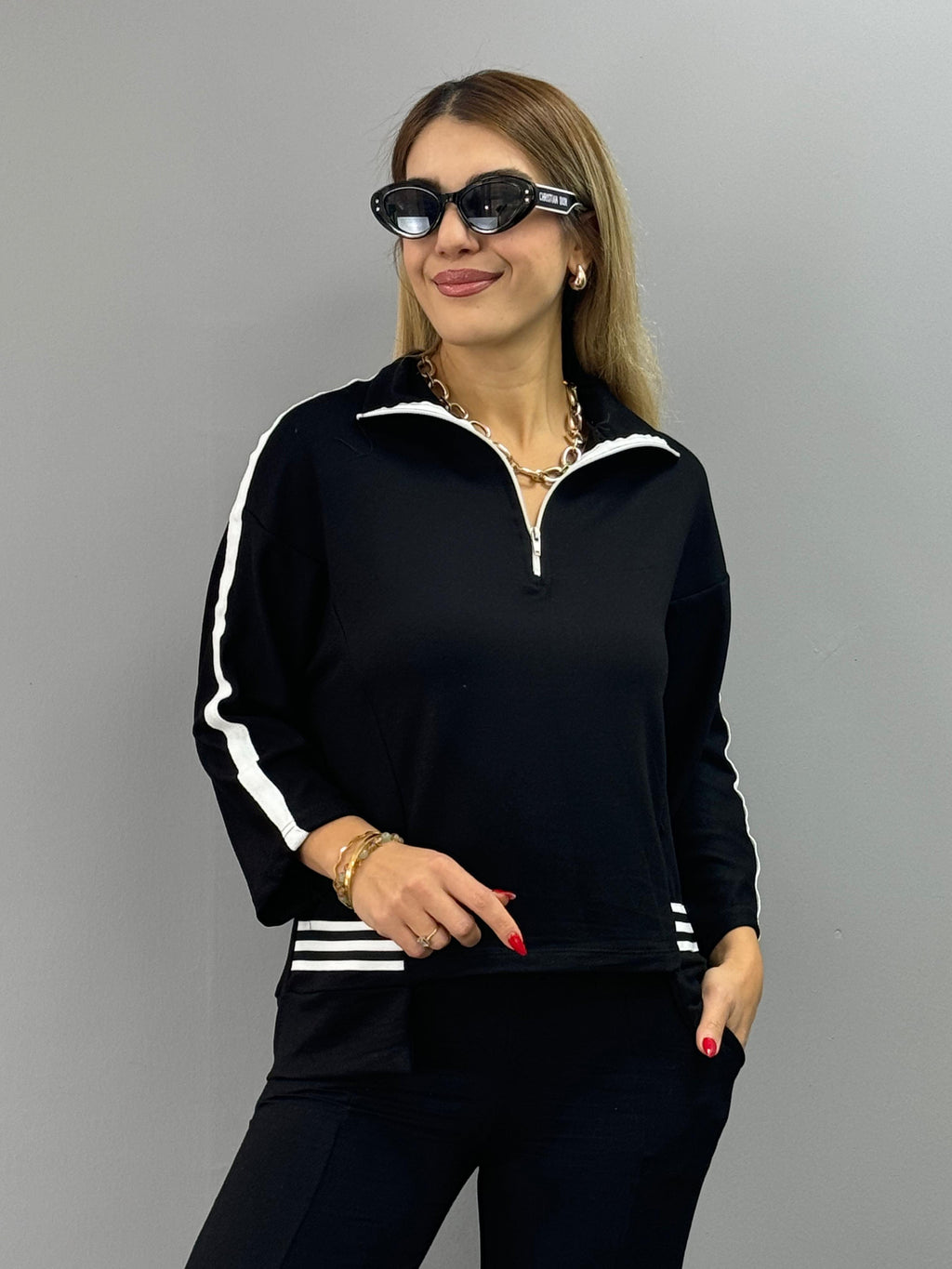 Women's Ribbed Polo Neck Two-Piece Set with Slit Hem