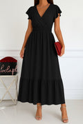 Women's Short Butterfly Sleeve Wrap Neck Elastic Waist Aerobin Dress