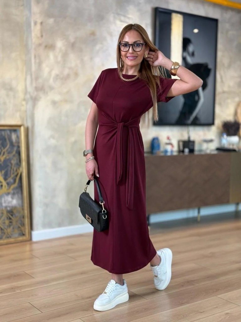 Women's Short-Sleeved Crew Neck Side Tie Viscose Two-Thread Dress