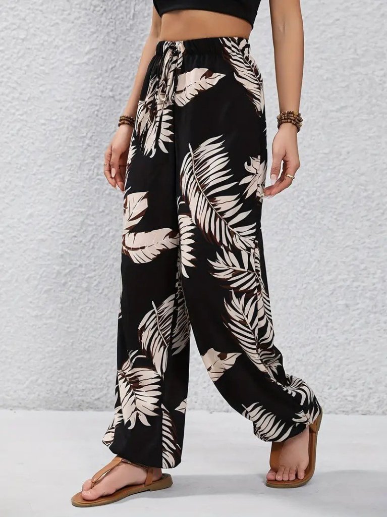Women's High Waist Lace-Up Leaf Pattern Supima Pants
