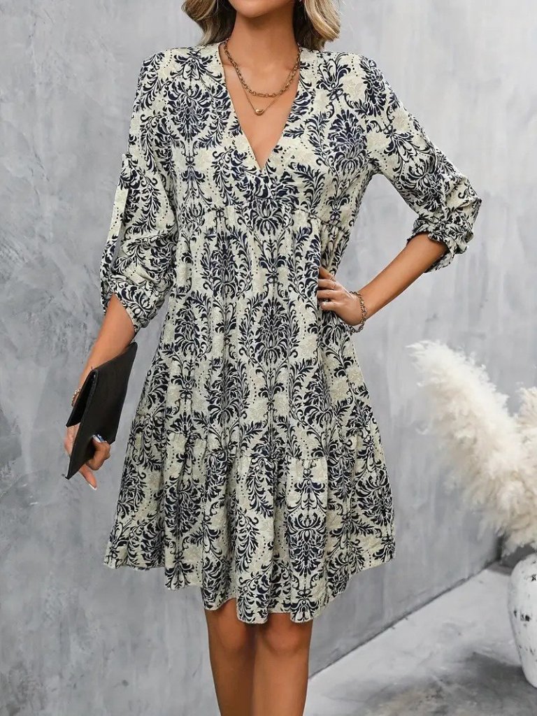 Women's Long-Sleeved V-Neck Ruffle Mini Jersey Dress