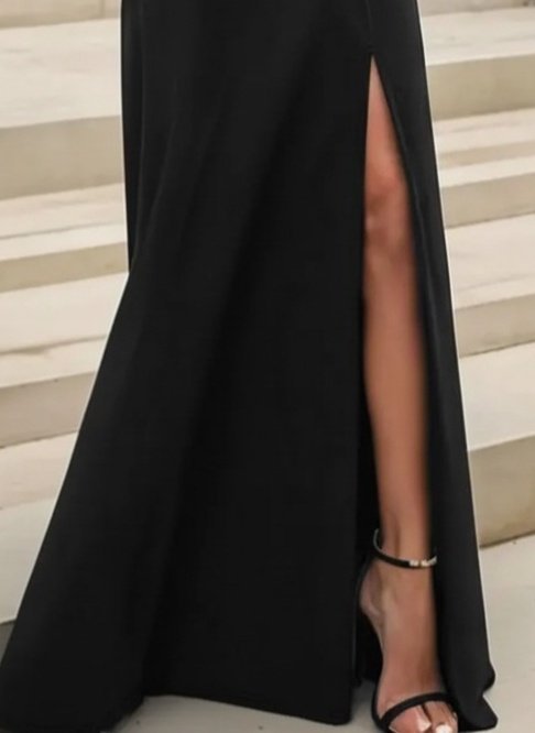 Women's Long-Sleeved Madonna Neck Slit Detail Long Imported Crepe Dress
