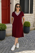 Women's Short Sleeve V-Neck Ribbed Detail Midi Viscose Dress