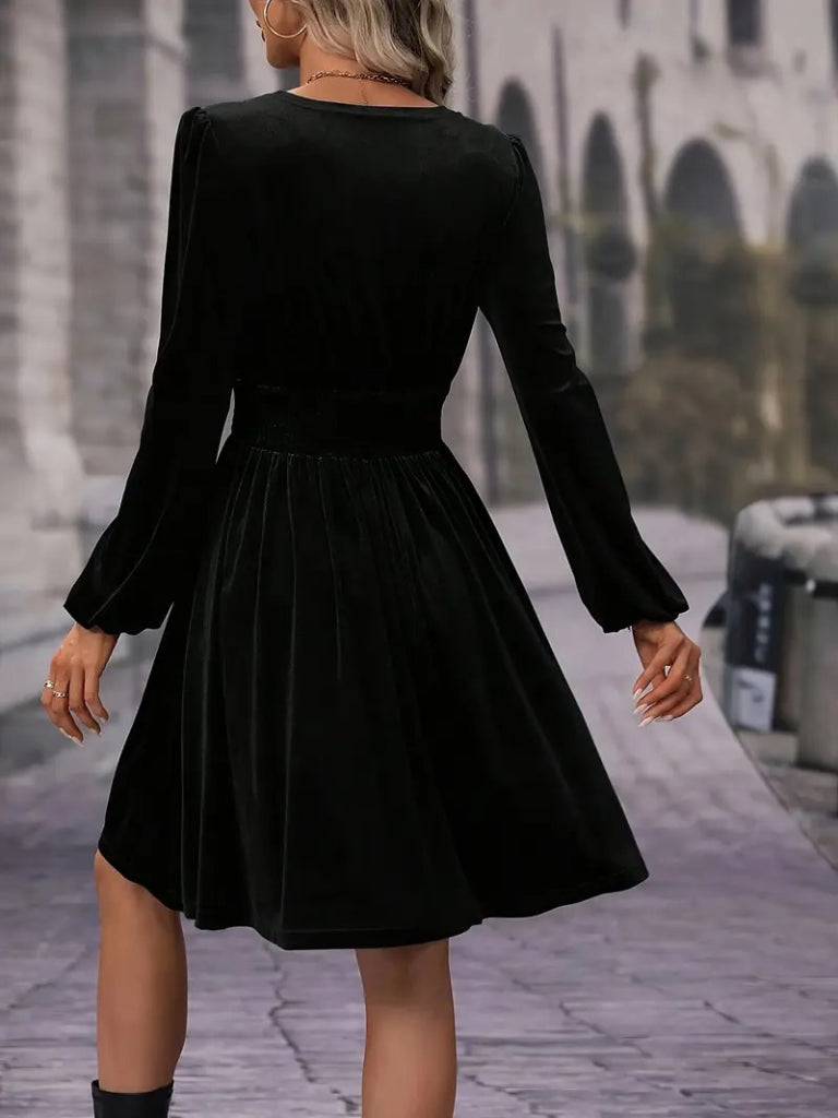 Women's Long Sleeve Wrap Neck Elastic Waist Flared Velvet Dress