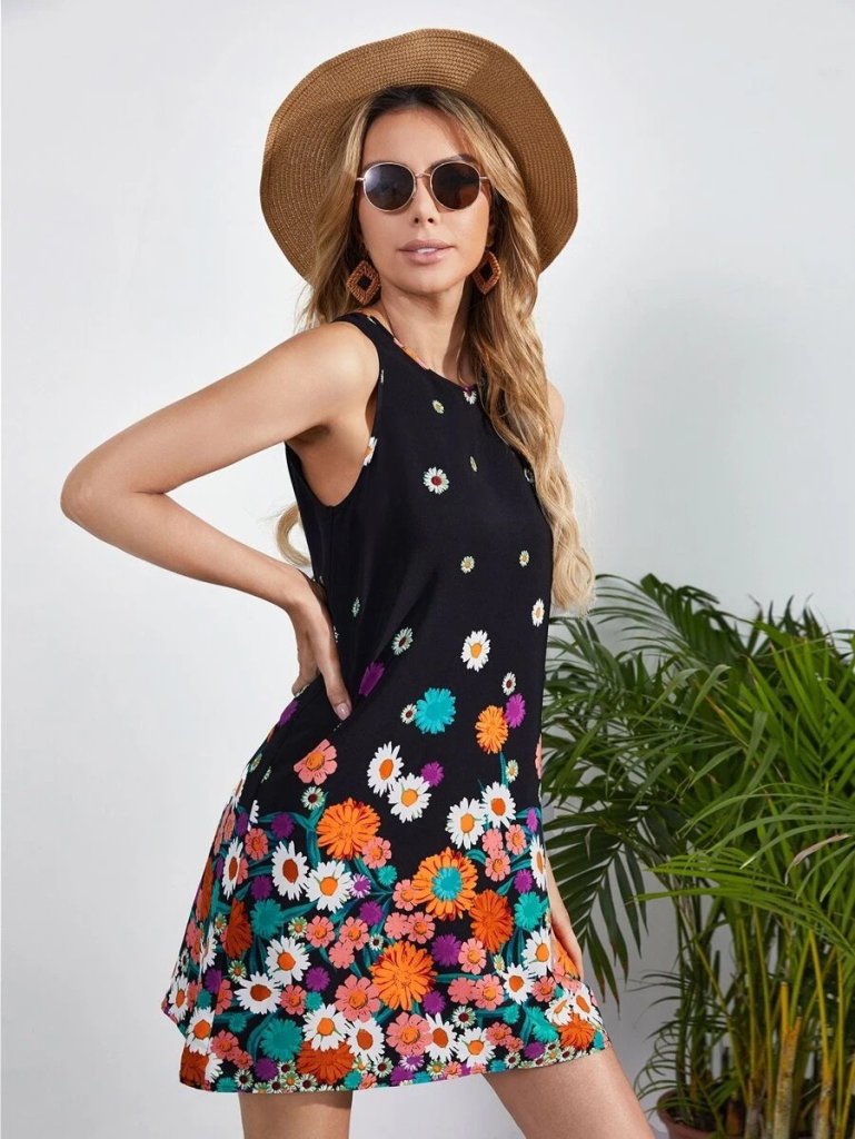 Women's Sleeveless Crew Neck Floral Print Jersey Mini Dress