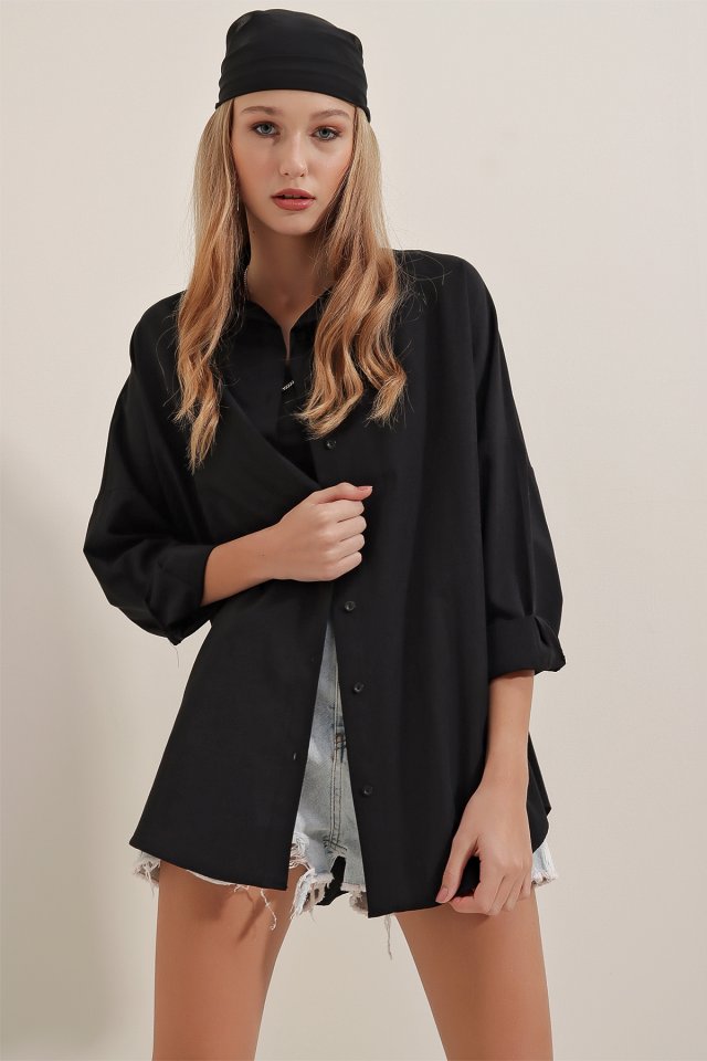 Siyah Oversize Uzun Basic Gömlek 3900
