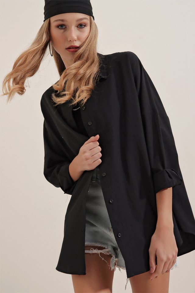 Siyah Oversize Uzun Basic Gömlek 3900