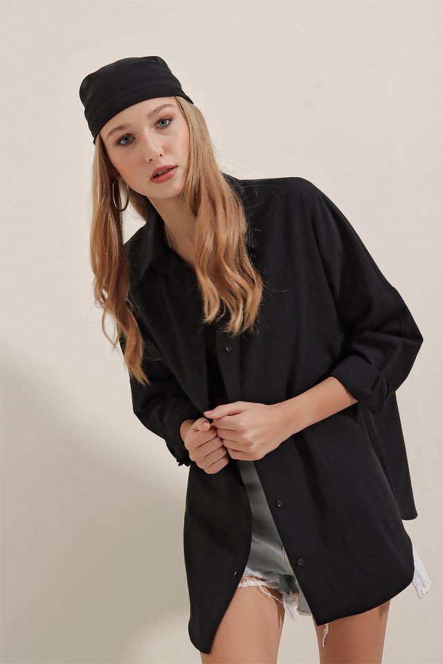 Siyah Oversize Uzun Basic Gömlek 3900