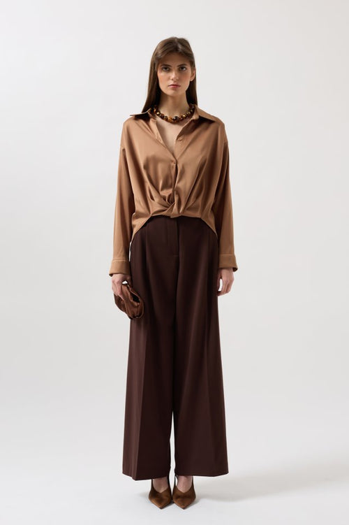 Waist Gathered Crop Satin Shirt