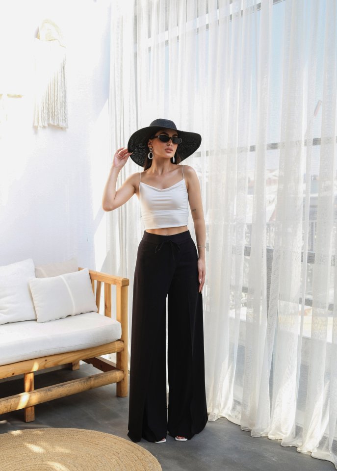 Linen Cropped Wrap Front Elasticated Drawstring Wide Leg Trousers