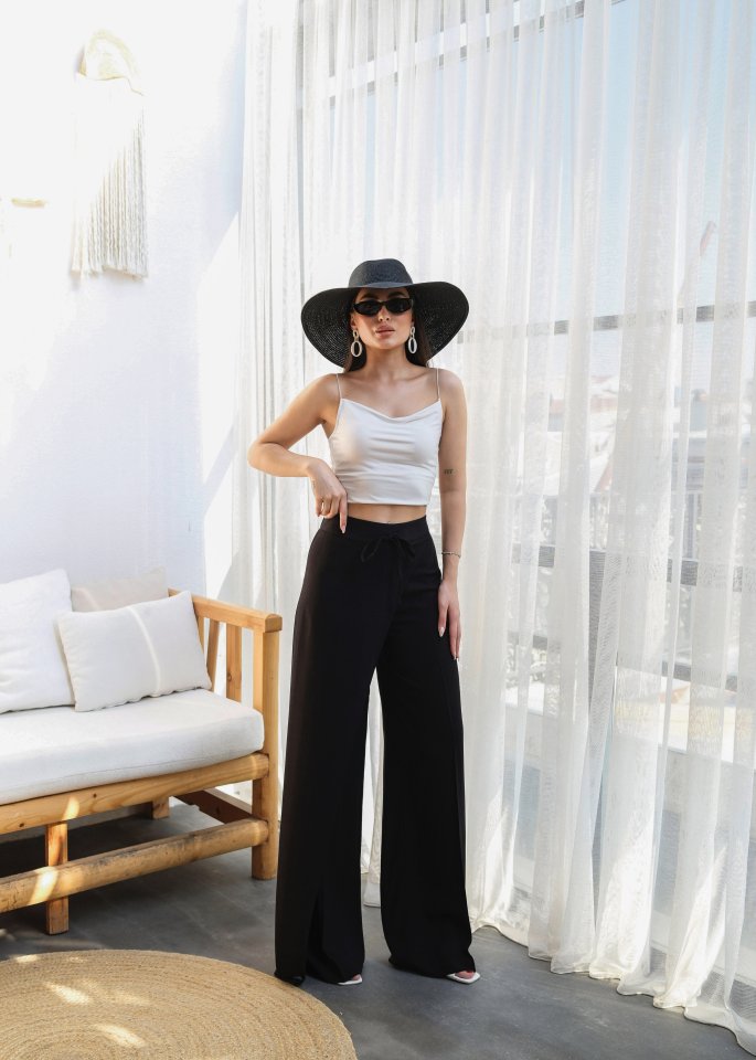Linen Cropped Wrap Front Elasticated Drawstring Wide Leg Trousers