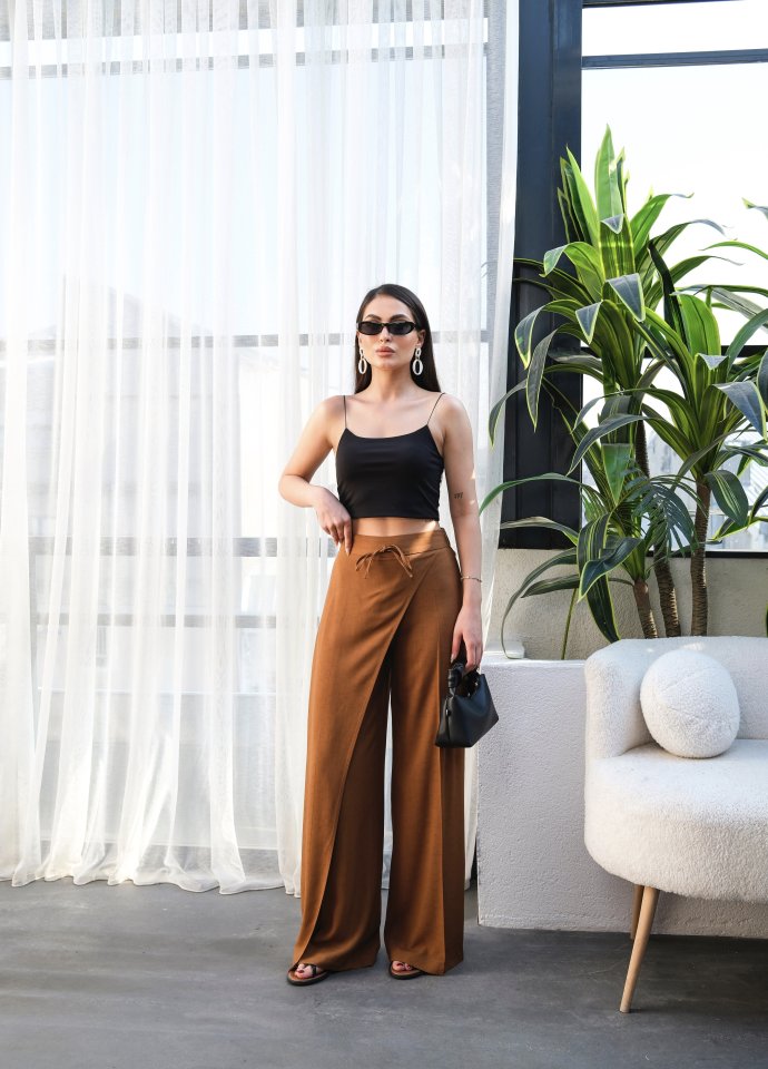 Linen Cropped Wrap Front Elasticated Drawstring Wide Leg Trousers
