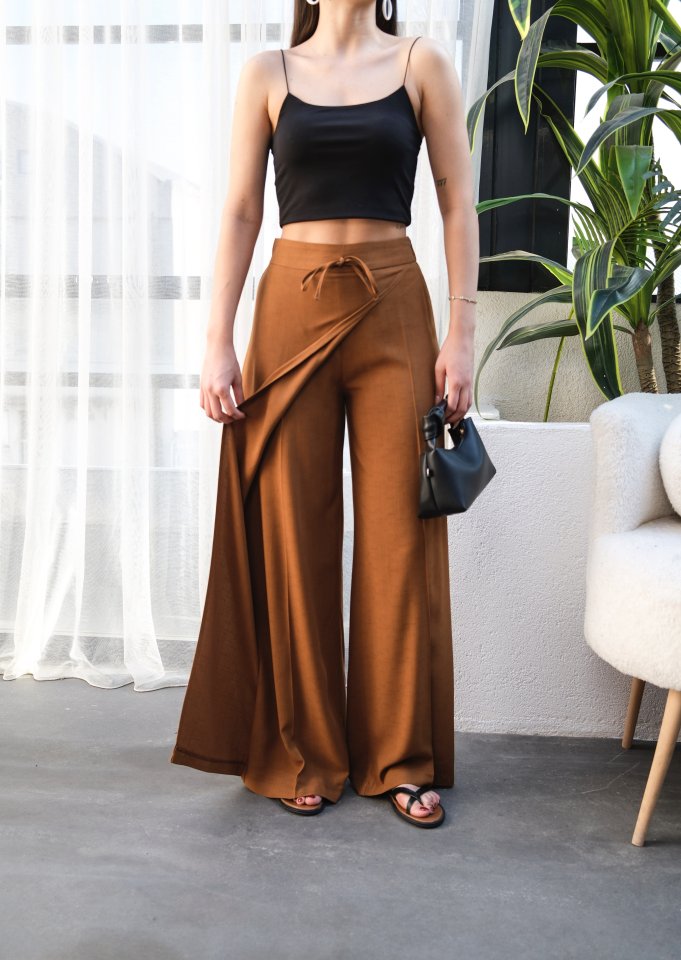 Linen Cropped Wrap Front Elasticated Drawstring Wide Leg Trousers