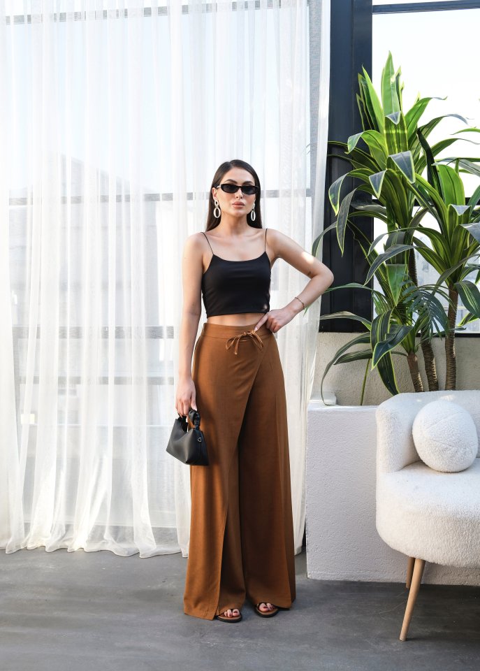 Linen Cropped Wrap Front Elasticated Drawstring Wide Leg Trousers
