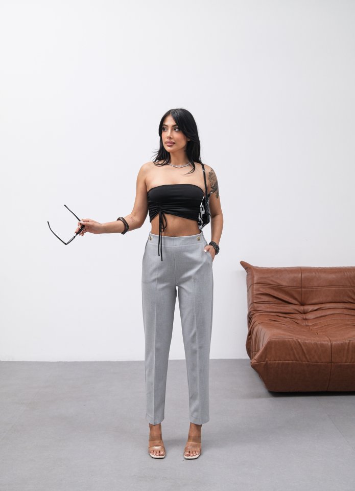 Pants with Decorative Buttons and Elasticated Back Waist