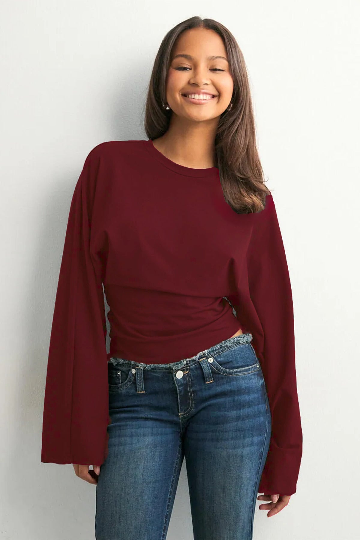 Kadın Bisiklet Yaka Belden Oturtmalı Geniş Kollu Siyah Bluz