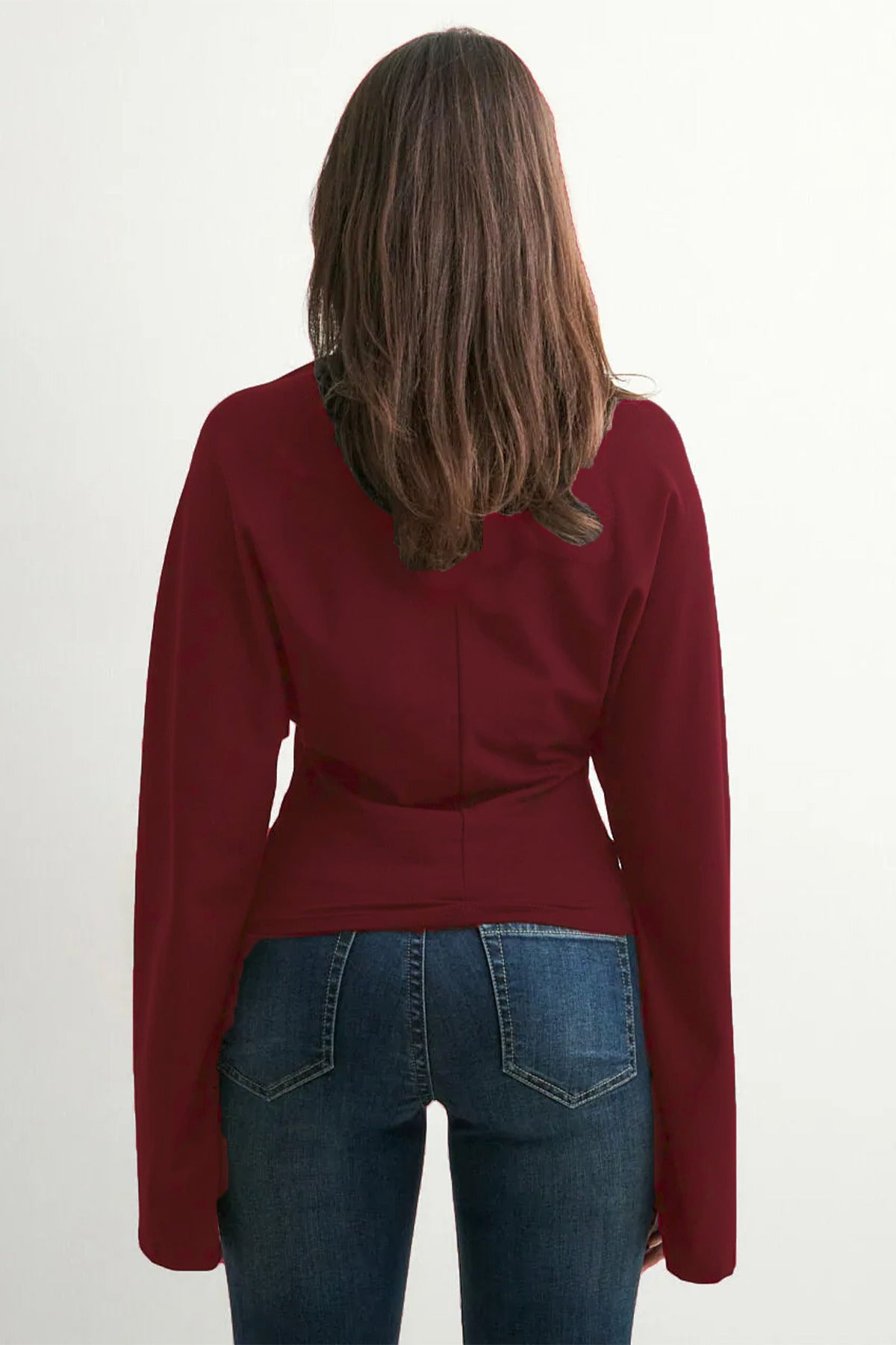 Kadın Bisiklet Yaka Belden Oturtmalı Geniş Kollu Siyah Bluz