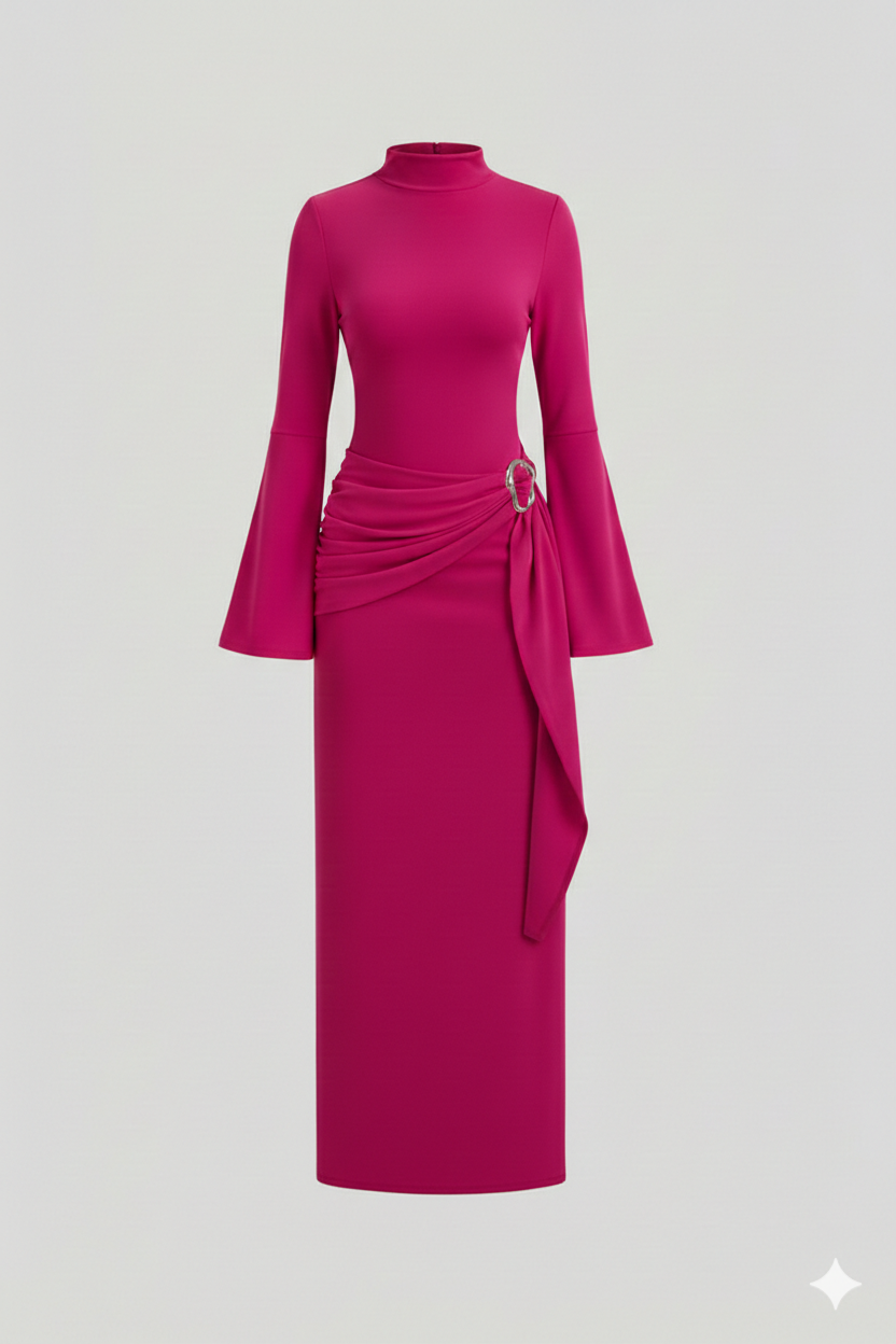 Siyah Kadın Dik Yaka Toka Detaylı Kuşaklı Toparlayıcı Dar Kalıp Uzun Trend Tasarım Elbise