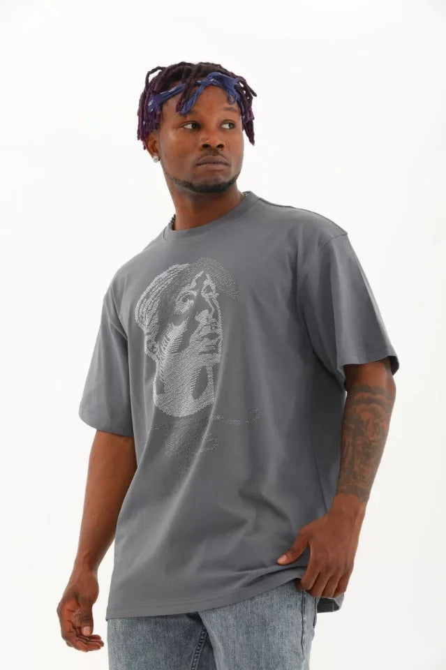 Unisex Oversize Taşlı Bisiklet Yaka T-Shirt - Füme