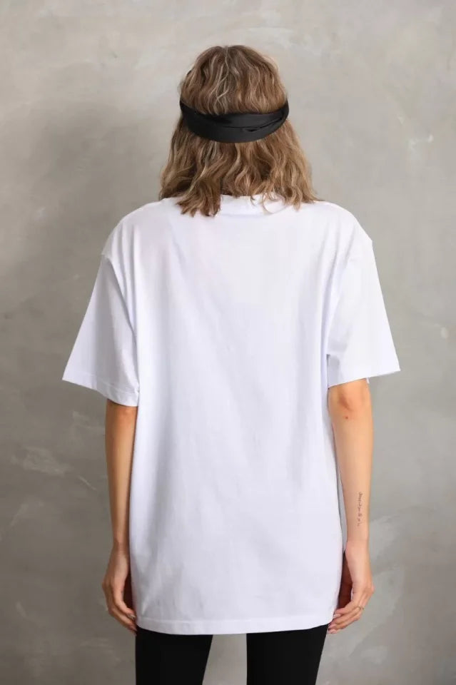 Unisex Taş Desenli Oversize T-Shirt - Beyaz