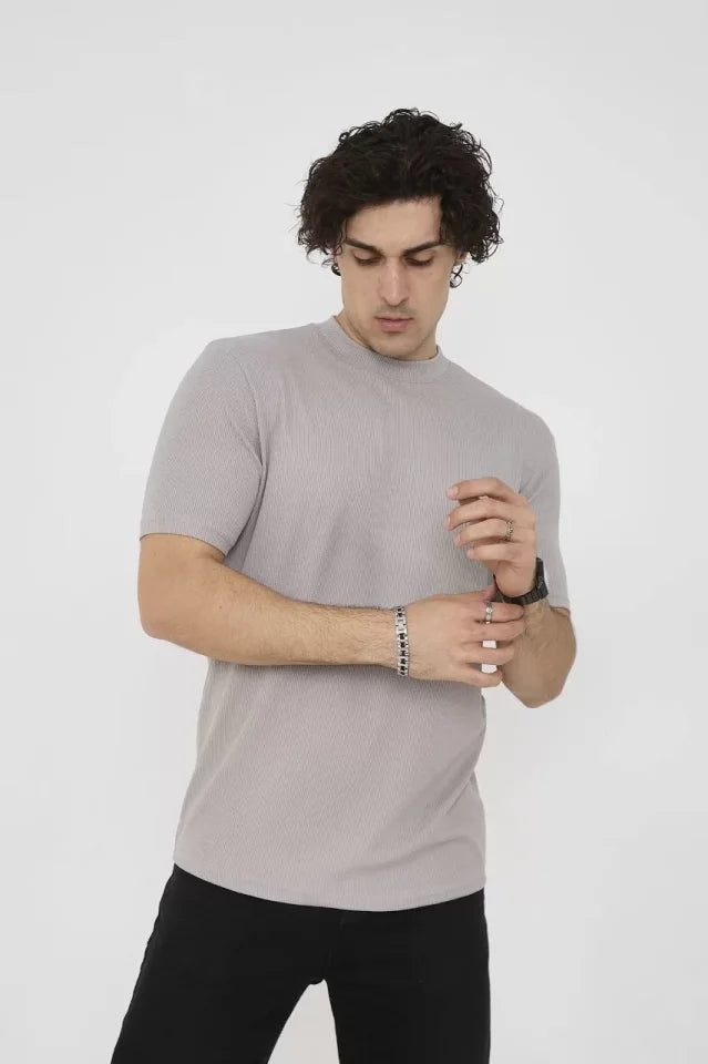 Unisex Bisiklet Yaka Slim Fit T-Shirt- Taş