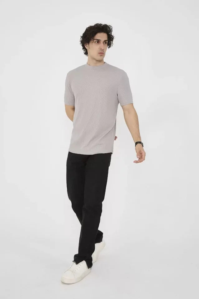 Unisex Bisiklet Yaka Slim Fit T-Shirt- Taş