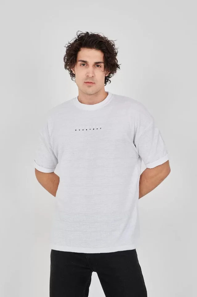 Unisex Jakar Kumaş Rahat Kol T-Shirt - Beyaz
