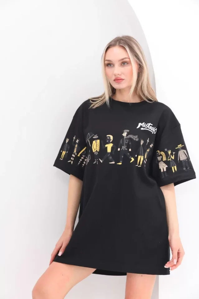 Unisex Bisiklet Yaka Baskılı Oversize T-Shirt - Siyah