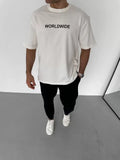 Unisex Bisiklet Yaka Baskılı Oversize T-Shirt - Beyaz