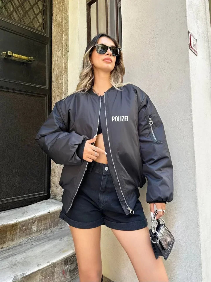 Unisex Long Sleeve Printed Bomber Jacket - Black