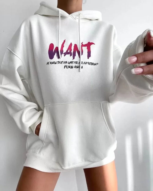 Printed Three-Thread Hooded Oversize Sweatshirt - White