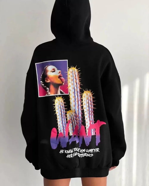 Printed Three-Thread Hooded Oversize Sweatshirt - Black
