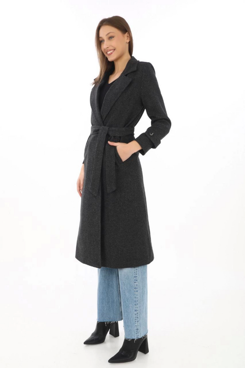 Lined Herringbone Cashmere Melton Coat - Black