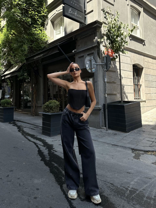 Women's Black Denim Palazzo Jeans with Back Slit