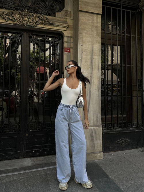 Jeans Denim Palazzo Pants with Back Slit - Blue