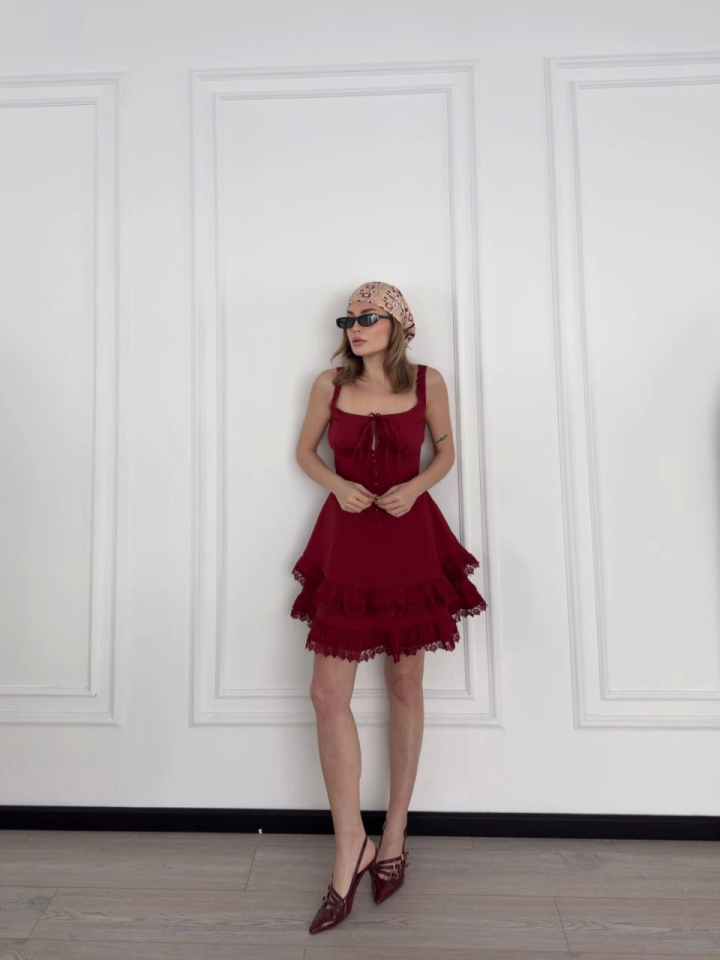 Mini Askılı Elbise - Bordo