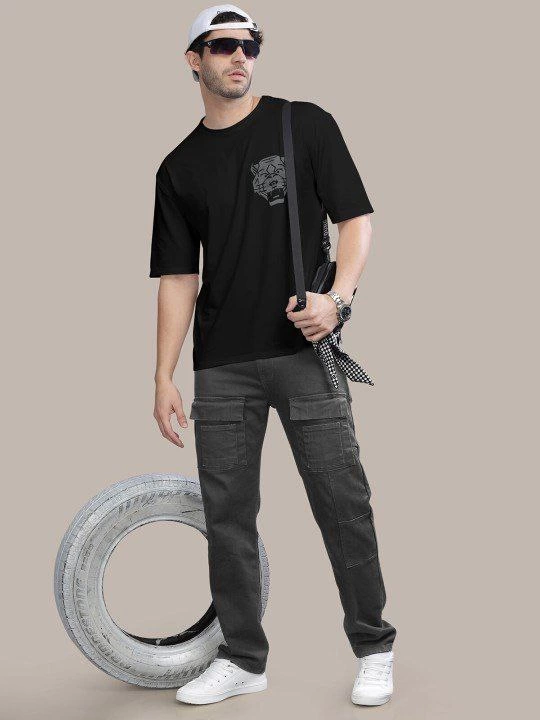 Erkek Baskılı Oversize T-shirt - Siyah