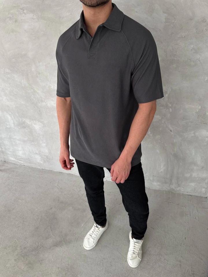 Yakalı Patlı Kısa Kol T-shirt - Antrasit