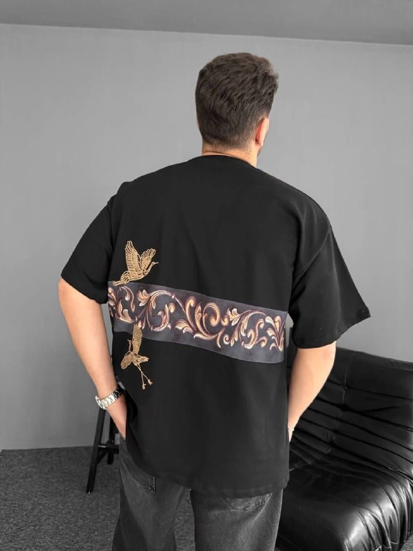 Ön Ve Arka Baskılı Oversize Bisiklet Yaka T-shirt - Siyah