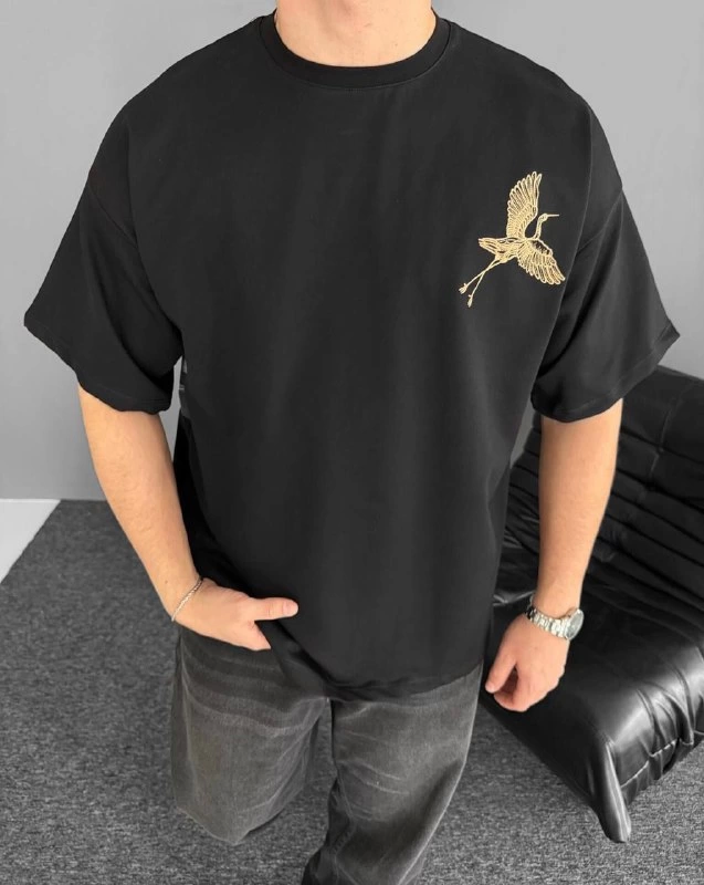 Ön Ve Arka Baskılı Oversize Bisiklet Yaka T-shirt - Siyah