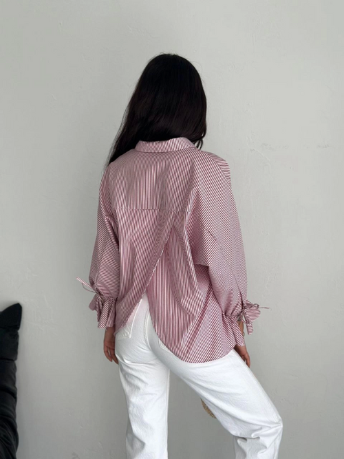 Asymmetric Slit Cut Striped Blouse Shirt - Burgundy