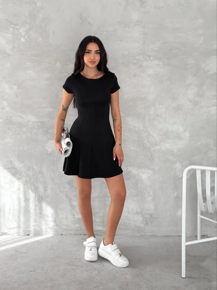 Kısa Kollu Mini Elbise - Siyah