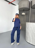 Osy Modal Soft Fabric Short Sleeve Blouse Comfortable Pants Two-Piece Set - Navy Blue