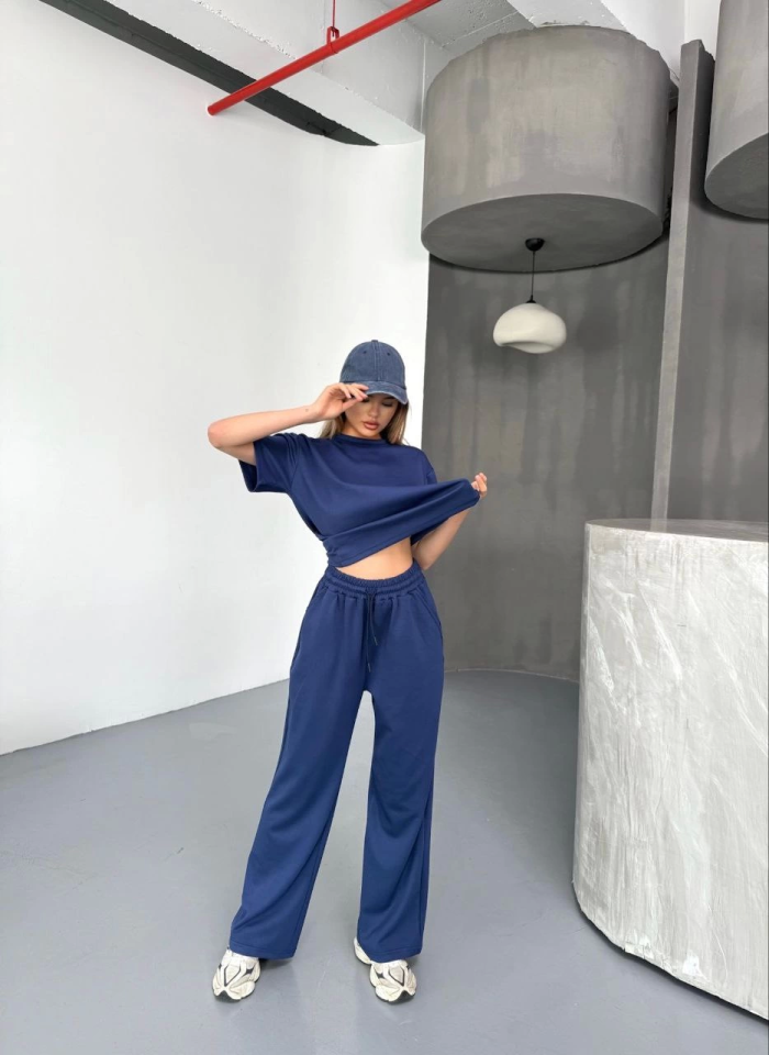 Osy Modal Yumuşak Dokulu Kumaş Kısa Kollu Bluz Rahat Pantalon Ikili Takım- Lacivert