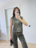 Leopard Print Button-Front Blouse and Pants Two-Piece Set -Leopard