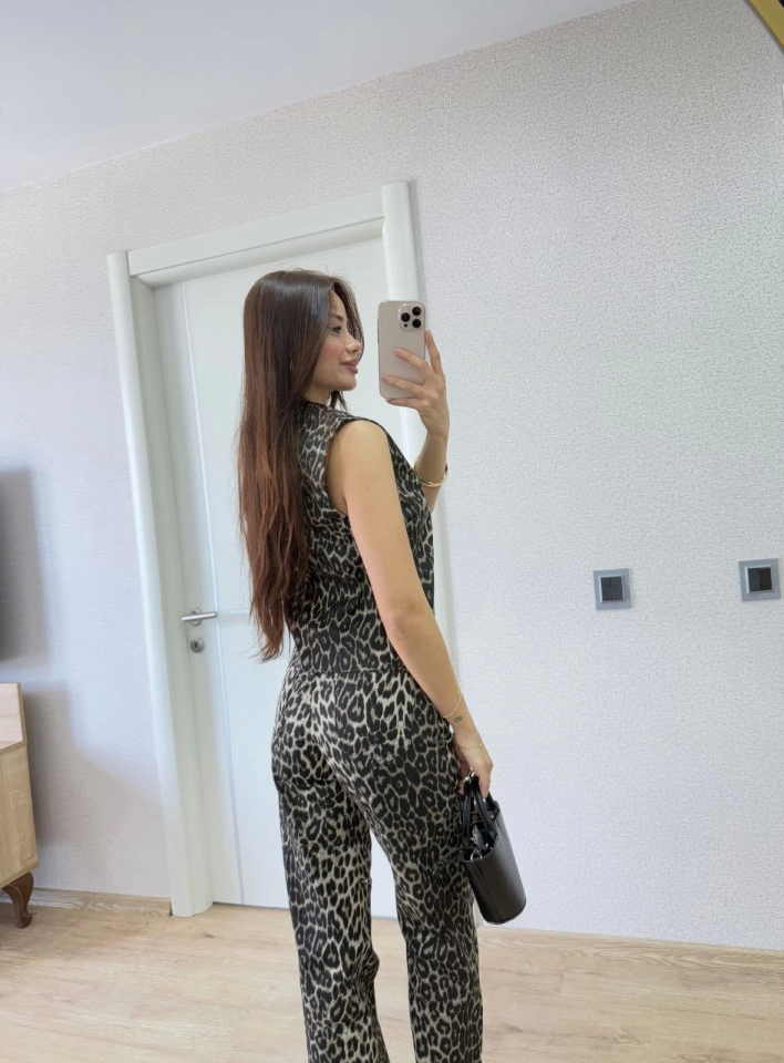 Leopard Print Button-Front Blouse and Pants Two-Piece Set -Leopard