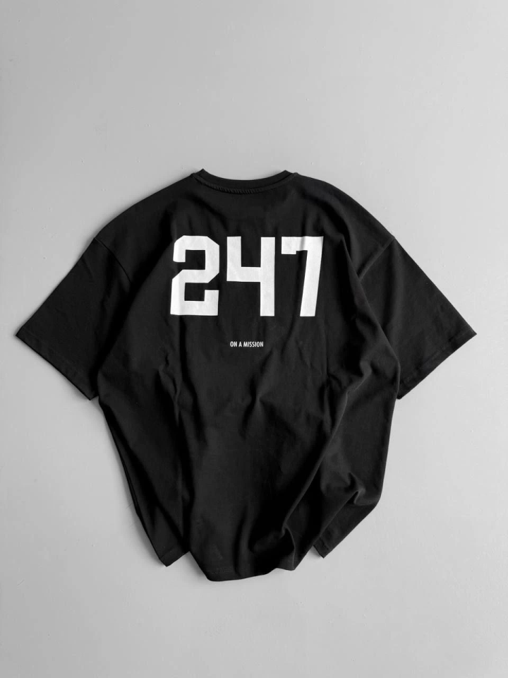 Baskılı Oversize Bisiklet Yaka T-shirt - Siyah