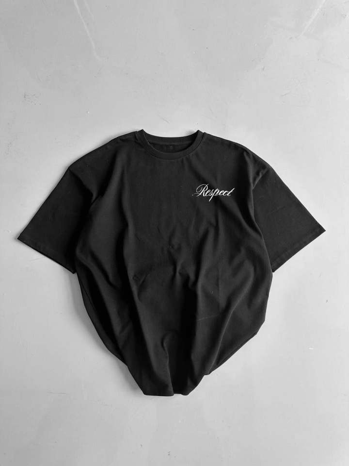 Baskılı Oversize Bisiklet Yaka T-shirt - Siyah